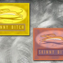 Wine labels for Skinny Bitch brand chardonnay and merlot